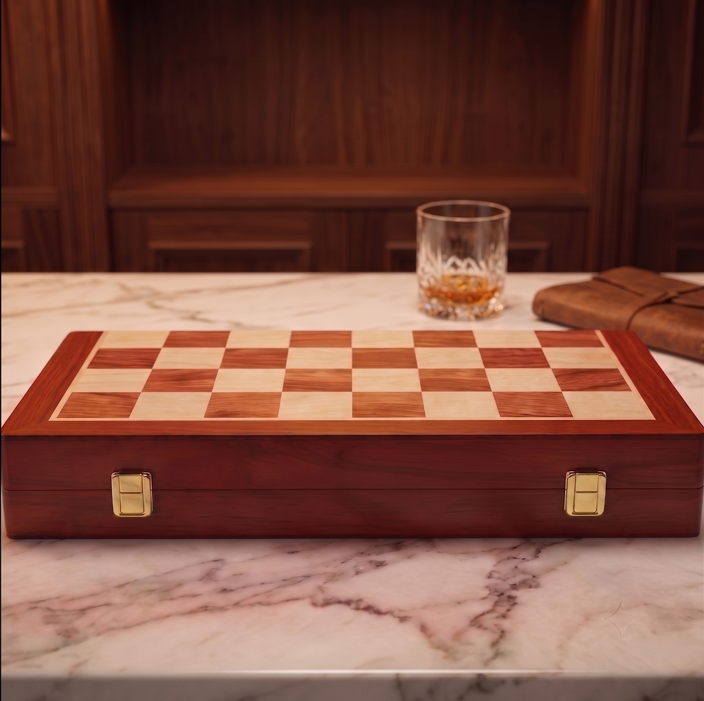 ÉCHIQUIER PLIABLE EN NOYER AVEC PIÈCES EN BRONZE