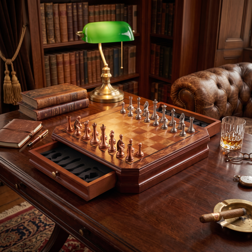 JEU D'ÉCHECS EN BOIS D'ACAJOU AVEC TIROIR DE RANGEMENT ET PIÈCES EN MÉTAL