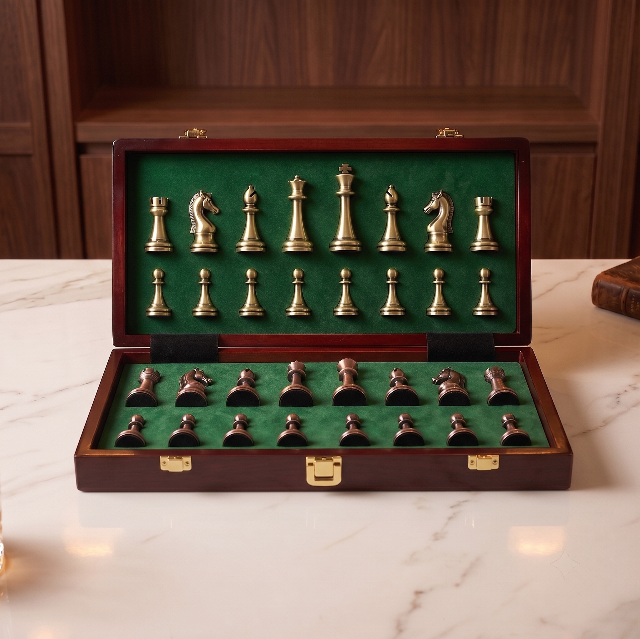 ÉCHIQUIER PLIABLE EN NOYER AVEC PIÈCES EN BRONZE