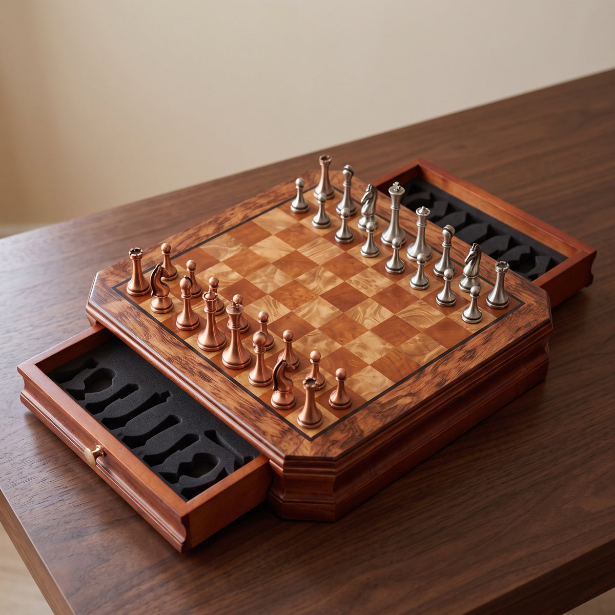 Jeu d'échecs en bois d'acajou avec tiroir de rangement et pièces en métal