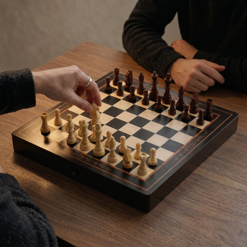 ÉCHIQUIER EN NOYER ET ÉRABLE AVEC TIROIRS DE RANGEMENT