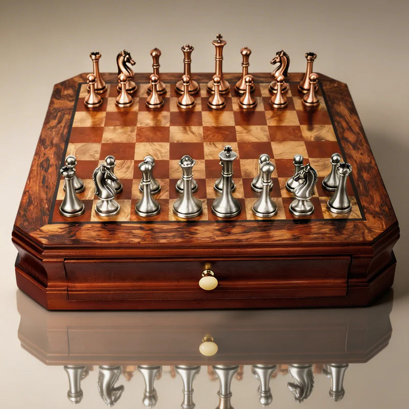 JEU D'ÉCHECS EN BOIS D'ACAJOU AVEC TIROIR DE RANGEMENT ET PIÈCES EN MÉTAL