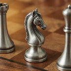 JEU D'ÉCHECS EN BOIS D'ACAJOU AVEC TIROIR DE RANGEMENT ET PIÈCES EN MÉTAL