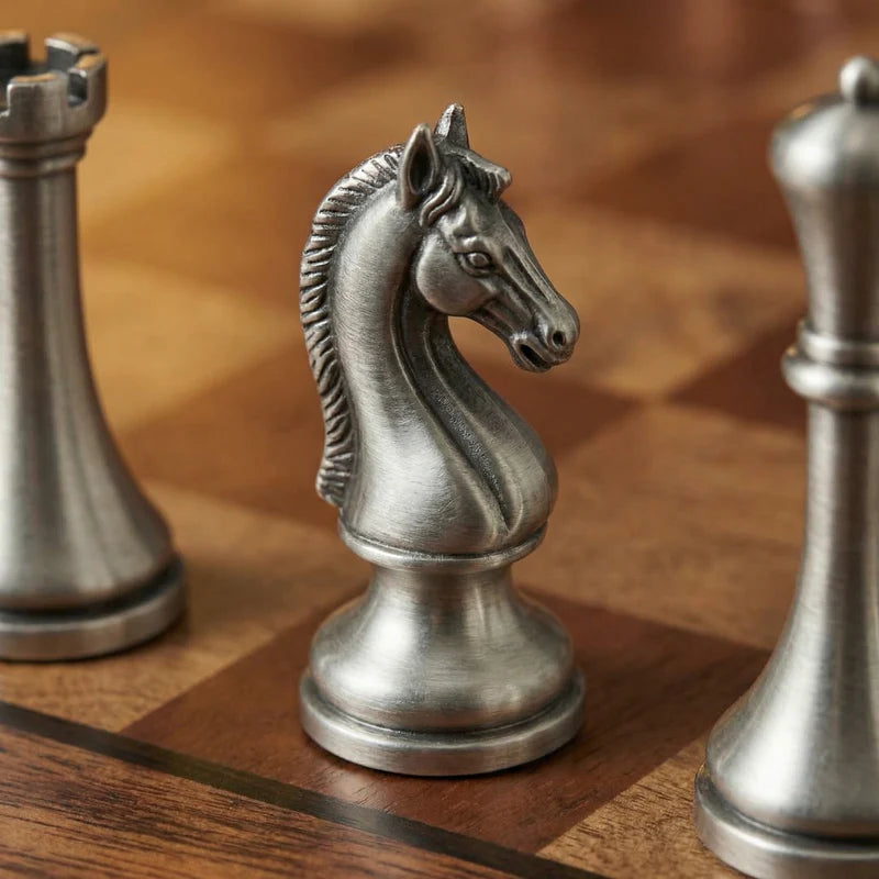 JEU D'ÉCHECS EN BOIS D'ACAJOU AVEC TIROIR DE RANGEMENT ET PIÈCES EN MÉTAL